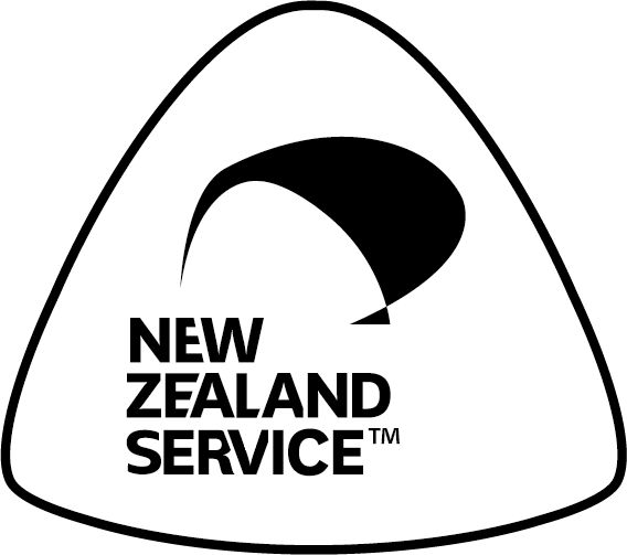 New Zealand Service logo: white triangle with black curved swoosh and bold text 'NEW ZEALAND SERVICE' in the lower left.